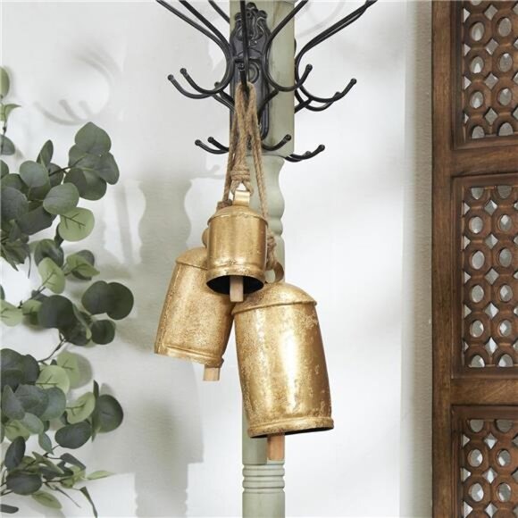 Gold Metal Tibetan Inspired Decorative Giant XL Cow Bells with Jute Hanging Rope - Picture 3 of 7